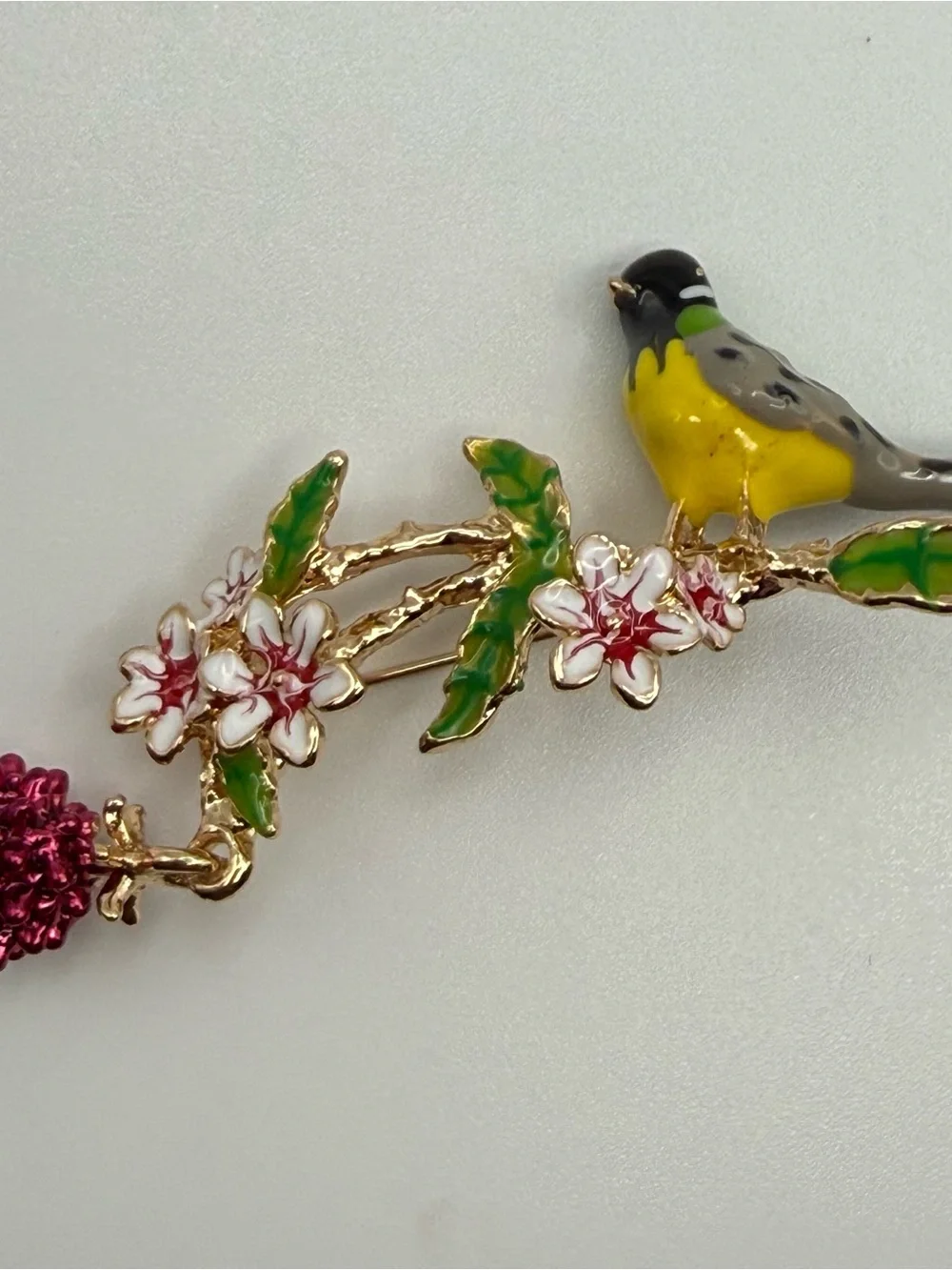 Enamel Yellow & Green Bird Floral Brooch - Unbranded